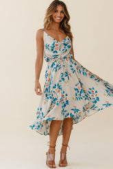 Ava Cowl Neck Drawstring Midi Dress Floral Print Mocha